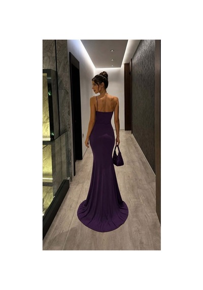 Lior Design Kadın Yeni Sezon Tek Omuz Taş Detaylı Abiye Elbise Mor