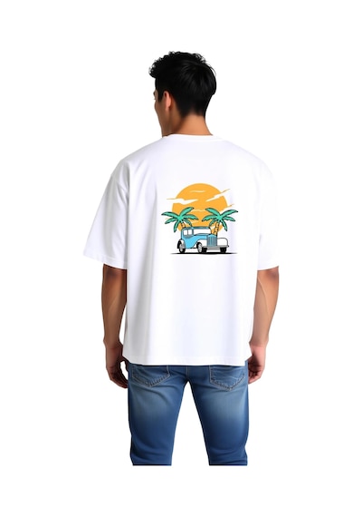 Paybuy Retro Araba Gün Batımı Baskılı Erkek Oversize Tişört Beyaz