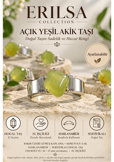 Sertifikalı Doğal Açık Yeşil Akik Taşı Ayarlanabilir El İşçiliği Çok renkli
