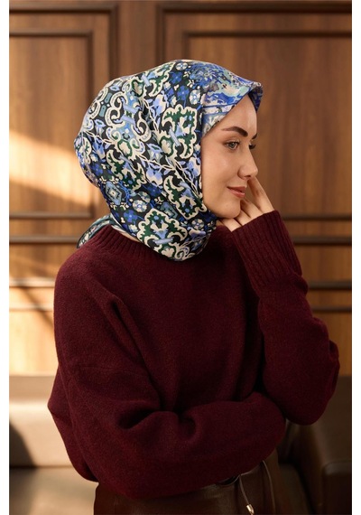 Silk Home Twill İpek Eşarp Petrol Mavisi-ekru Desenli Tok Duruşlu 90x90 Çok Renkli