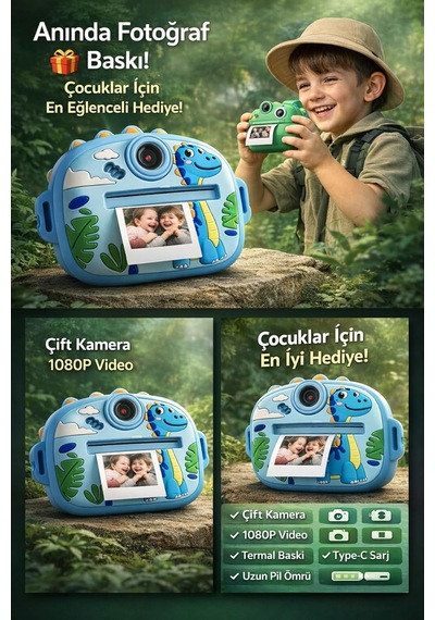 Çocuk Anında Baskılı Mini Fotoğraf Makinesi Sevimli Tasarımlı Çift Kameralı Kamera