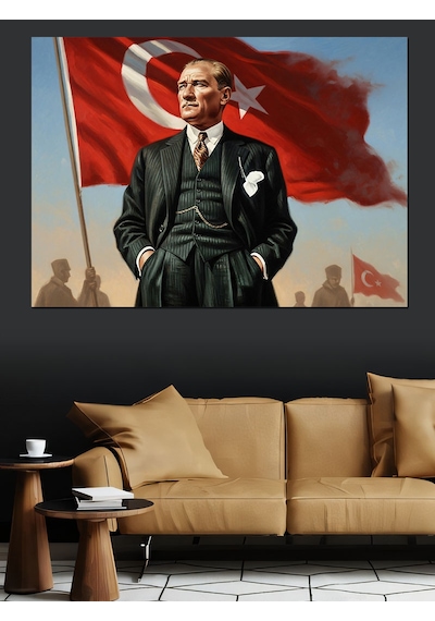 Türk Bayraklı Atatürk Dekoratif Kanvas - Mdf Ahşap Tablo