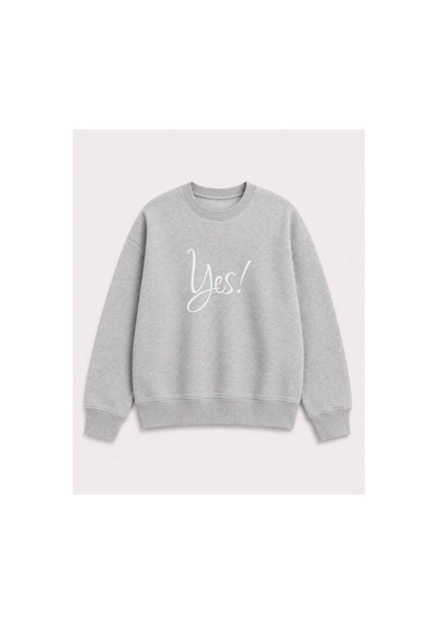 Herkesemoda Yes Yazılı Baskı Detaylı Şardonlu 2 İplik Bisiklet Yaka Sweatshirt Gri