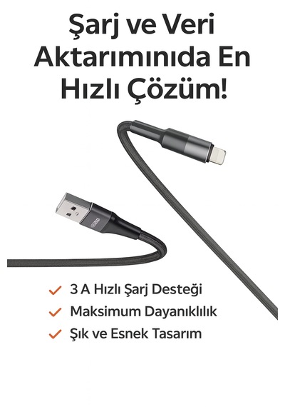 Apple Uyumlu iPhone 1 Metre Lightning Hızlı Şarj Ve Veri Aktarım Kablosu 3a Güçlü Akım Naylon Örgü Dayanıklı Tasarım