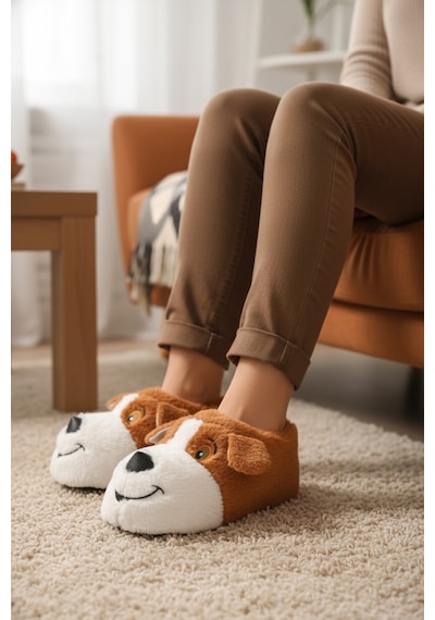 Açık Kahve Köpek Desenli Unisex Panduf 26k001 Sütlü Kahve