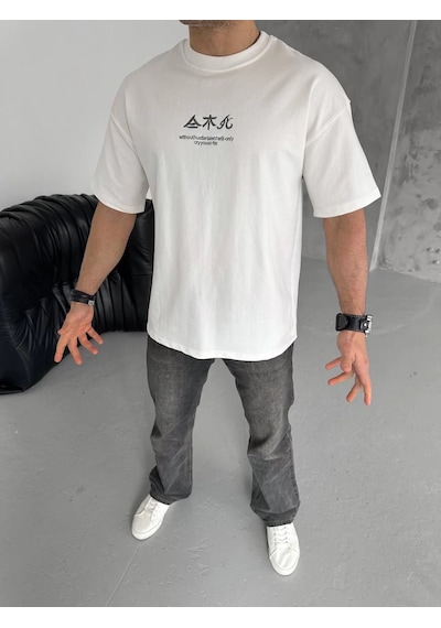 Wear Vexel Erkek Bisiklet Yaka Baskılı T-shirt - Beyaz Çok Renkli