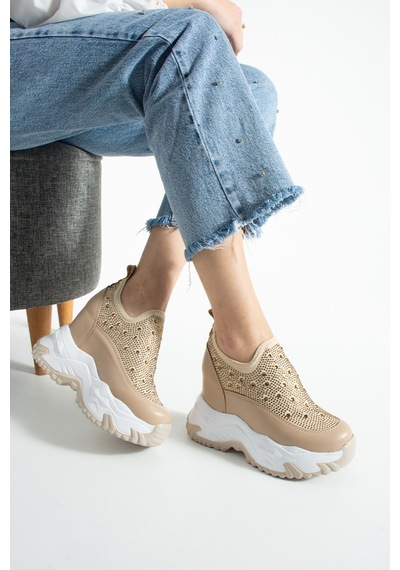 Dabab Shoes Olıvıa Bej Taş Detaylı 10 Cm Gizli Topuk Platform Slip-on Sneaker Ayakkabı