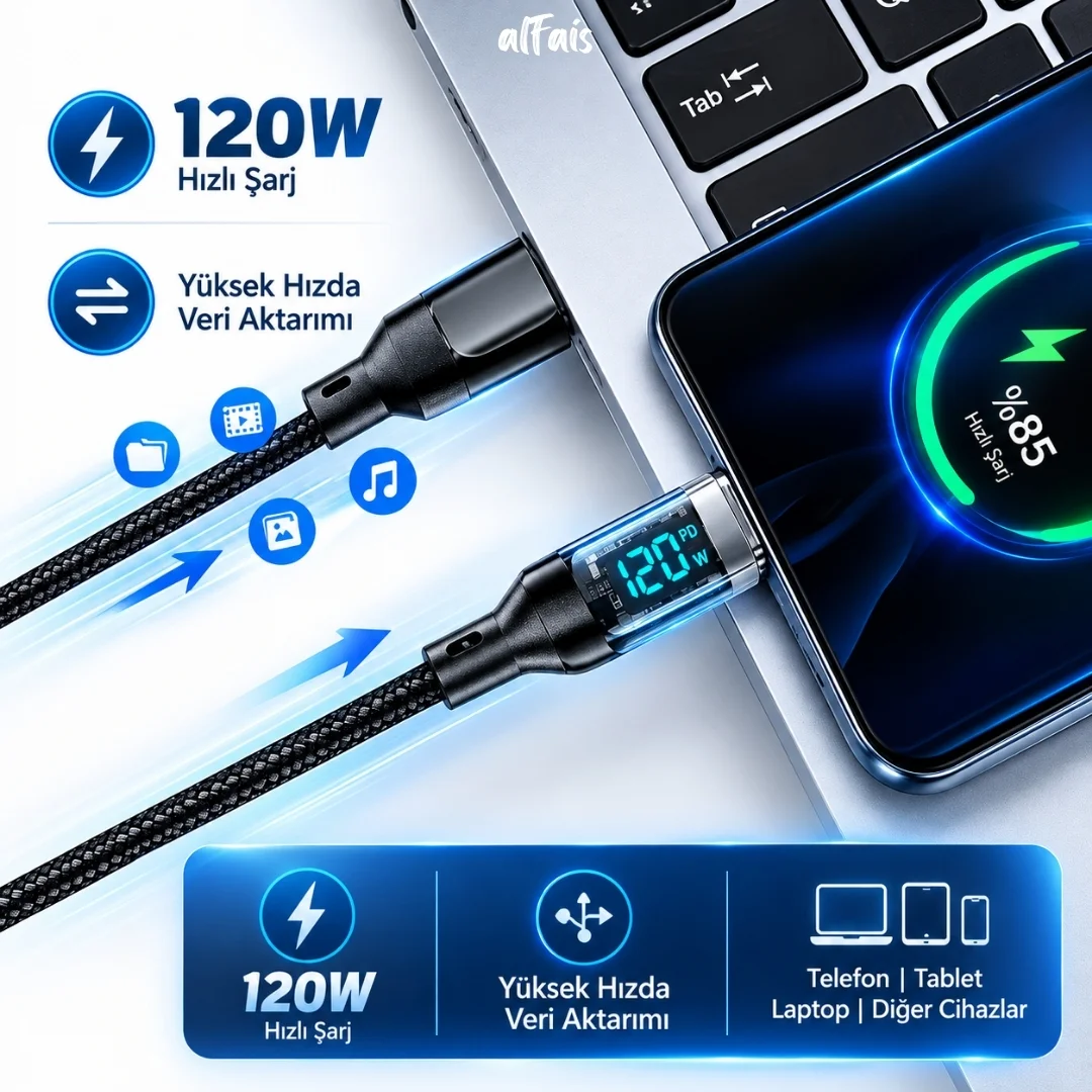Samsung Uyumlu Usb Type C Hızlı Telefon Data Şarj Kablosu Led Ekranlı Dijital 120w 2 Metre