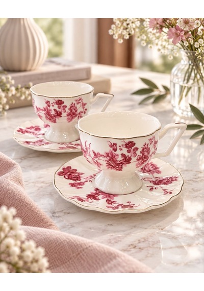 2 Kişilik Vintage Pink Kahve Fincanı Seti-7616 Çok Renkli