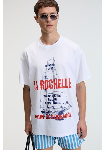Grimelange CRUNCH Erkek Oversize %100 Pamuk Baskılı Yuvarlak Yaka Beyaz T-Shirt