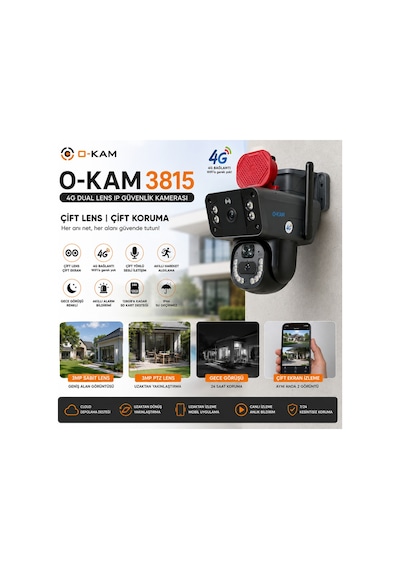 O-kam 3815 4g - Wifi 6mp Dual Lens Güneş Panelli Solar Sirenli Güvenlik Kamerası Siyah - 913352657