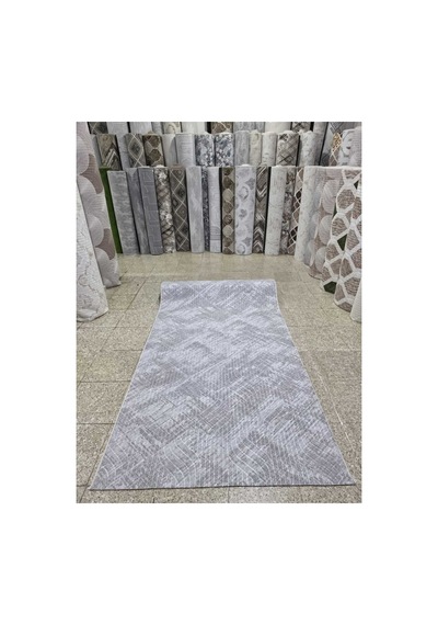 Kaymaz Jel Taban Modern Geometrik Desenli Yolluk Yıkanabilir Koridor Mutfak Halısı Gri Bej