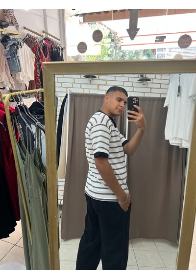 Tuba Toptaş Çizgili Yakalı Triko Tshirt Beyaz