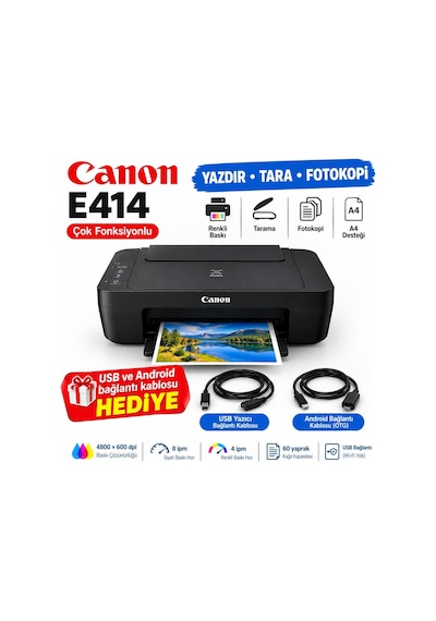 Canon E414 Çok Fonksiyonlu Renkli Yazıcı Tarayıcı Fotokopi USB ve Android Bağlantı Kablosu