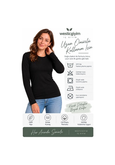Westicgiyim Kadın Siyah Uzun Kollu Basic T-shirt Kapalı Bisiklet Yaka Full Likralı Esnek Pamuklu