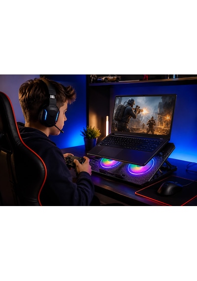 Lenovo Ideapad Flex 5 14'' Uyumlu Çift Fanlı Laptop Soğutucu Stand Telefon Standlı, 2 Usb Hub