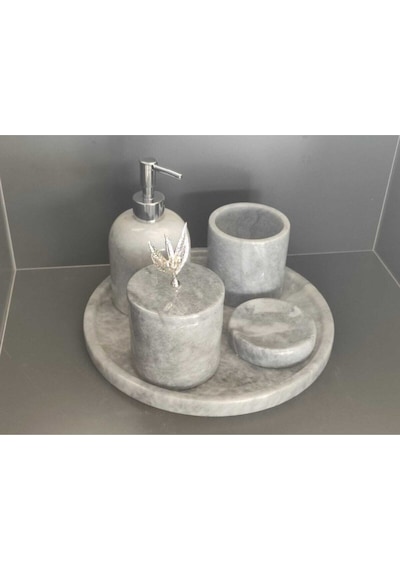 Gri Mermer 5'li Banyo Seti Beyaz