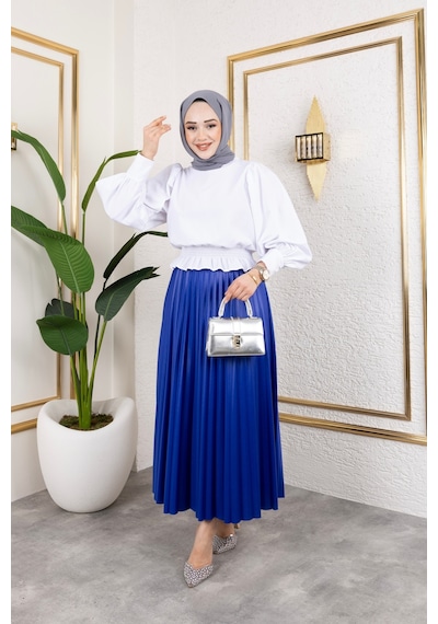 Hira Life Fashion Kadın Tesettür Giyim Ve Deri Görünümlü Beli Lastik Detayı İle Piliseli Uzun Etek Mavi Mavi Hira Life Fashion Kadın Tesettür Giyim Ve Deri Görünümlü Beli Lastik Detayı İle Piliseli Uzun Etek Mavi Mavi