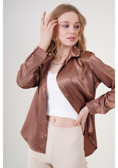 Bigdart 3964 Hafif Dökümlü Saten Gömlek - Taba 001