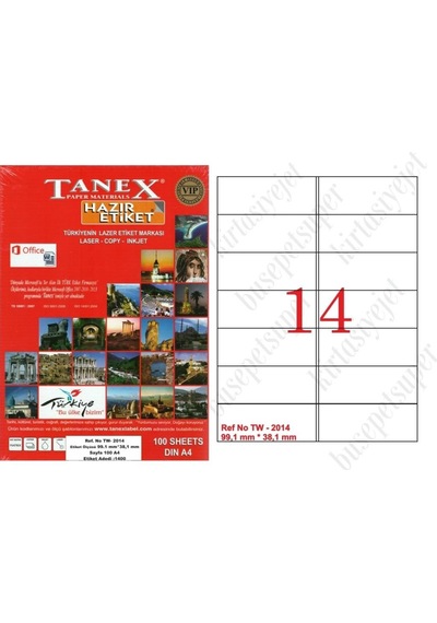 Tanex Tw-2014 Ebat 99 X 38 MM Laser Etiket A4 Sayfada 14 Etiket