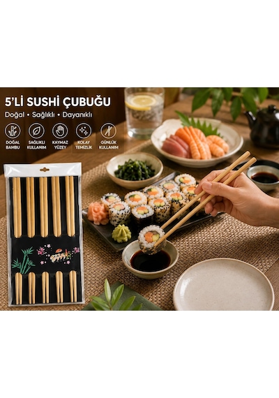 Bambu Yemek Çubuğu Seti, Sushi Ve Asya Mutfağı İçin, 5 Li Set10 Adet Diğer