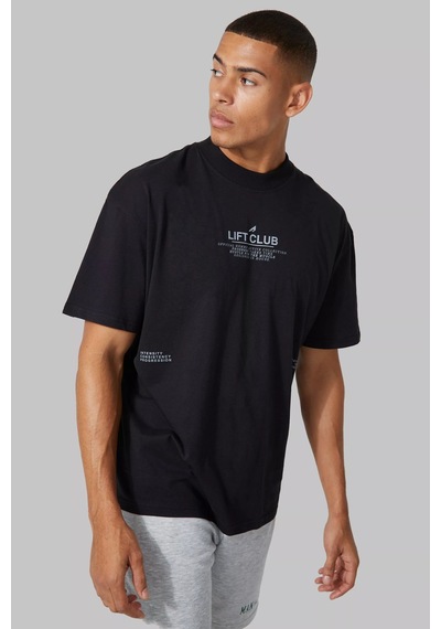 T-shirt - Lift Club Baskılı Oversize Bisiklet Yaka Kısa Kol Siyah Tişört Siyah