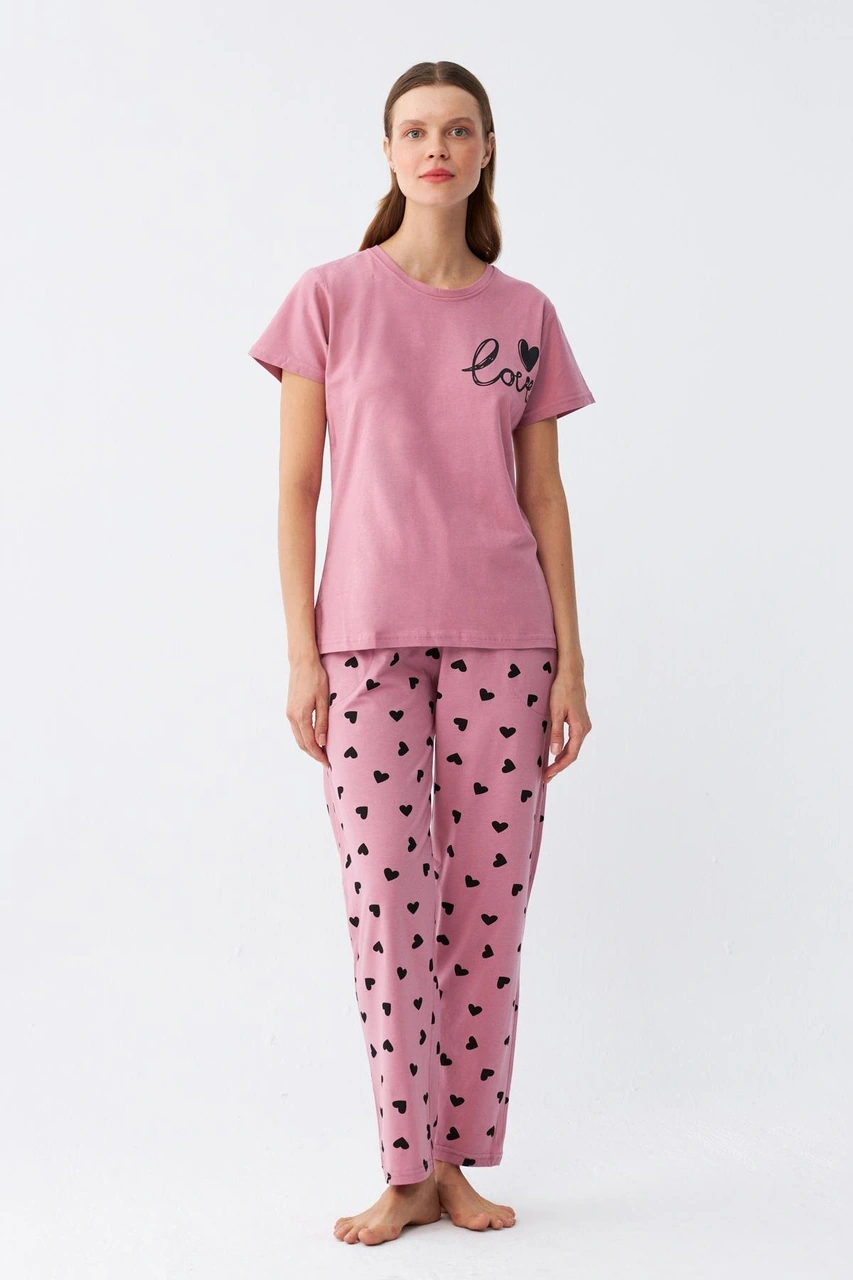 Akbeniz Kadın Somon Kalp Desenli Kısa Kollu Penye Pijama Takımı Pembe