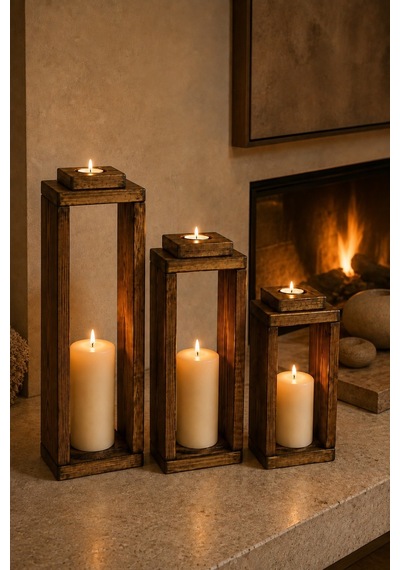 3'lü Dekoratif Ahşap Mumluk Seti, Tealight Mumluk Lüks Mum Salon Balkon Mumluğu Ahşap Ahşap