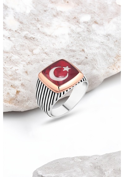 Mineli Türk Bayraklı Gümüş Erkek Yüzük -4536
