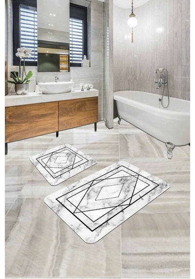 Beyaz Mermer Görünümlü Banyo Halısı Klozet Paspas Seti Bs344n11 Kırık Beyaz