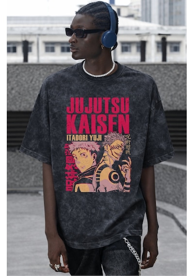 Jujutsu Kaisen Itadori Yuji Anime Baskılı Unisex Oversize Vintage Siyah