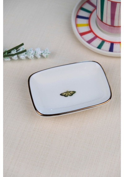 Tabak Evi Kelebek Altın Yaldızlı Dikdörtgen Kayık Tabak 10x7x2cm Tekli Çok Renkli