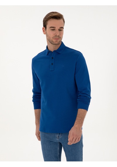 İndigo Regular Fit %100 Pamuk 3 İplik Polo Yaka Sweatshirt Mavi