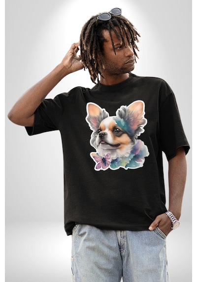Chihuahua Köpek Pamuklu Bisiklet Yaka Unisex Oversize Boyfriend Dijital Baskılı Siyah T-shirt Siyah