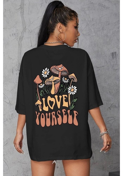 Flood Of Style Unisex Love Yourself Baskılı T-shirt Siyah