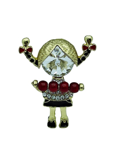 Kırmızı Boncuklu Taşlı Kız Figürü Broş Sevimli Figürlü Şık Brooch Pin Ekru