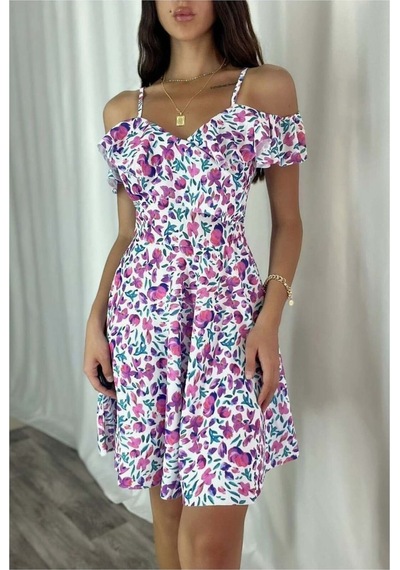 Lior Design Kadın Trend Model Esnek Krep Kumaş Kruvaze Yaka Volanlı Abiye Elbise Beyaz