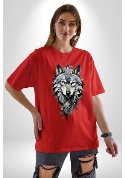 Beyaz Kurt Pamuklu Bisiklet Yaka Unisex Oversize Boyfriend Dijital Baskılı Kırmızı T-shirt Kırmızı