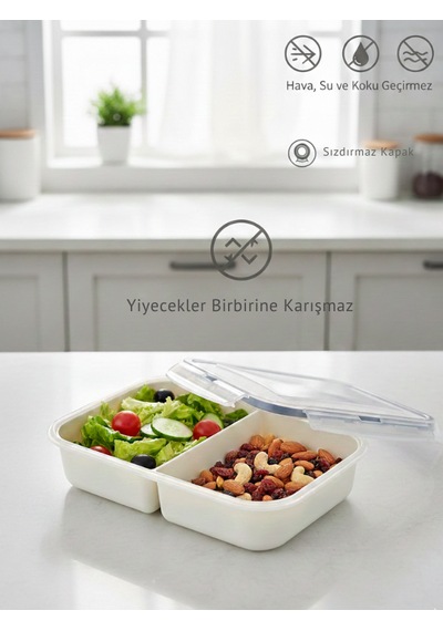 2 Bölmeli Sızdırmaz Lunch Box Saklama Kabı - 1 Litre Beslenme Kutusu Şeffaf