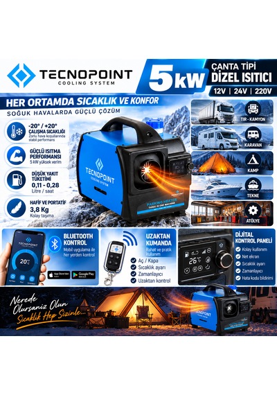 Tecnopoint 5 Kw Çanta Tipi Dizel Isıtıcı Webasto Tipi Portatif Bluetooth 12v 24v 220v