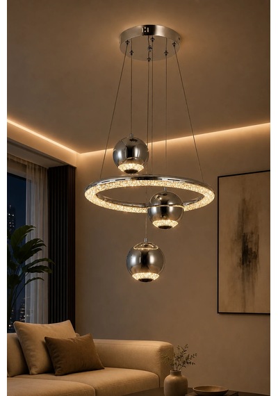 Modern Premium Krom Küreli 3 Renkli Ledli Sarkıt Avizesi Salon Mutfak Çocuk Odası Şık Modelleri 84w Beyaz