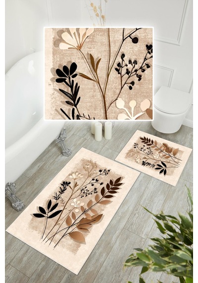 Dijital Baskı Yaprak Desen Kaymaz Taban 2li Set Banyo Paspası Klozet Takımı 50x60cm-60x100cm Krem