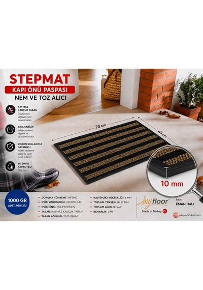 Nem Alıcı Toz Tutucu Çamur Sıyırıcı Pvc Taban Ve Pvc Bordürlü Sentetik Fırça Dokulu Siyah&bej Çizgili Halılı Kapı Önü Paspası Bej - Siyah