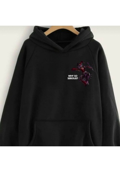 Shaco Main Sweatshirt - Siyah Baskılı Oversize Kışlık Kalın Kapüşonlu Siyah