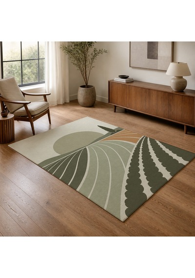 Kartela Halı Güneş Tarlası Manzaralı Modern Halı Adaçayı Yeşili Kaymaz Taban 160x240 Cm