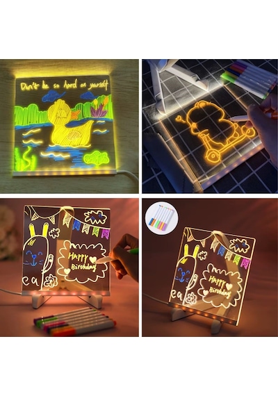 Buffer Led Işıklı Kendiliğinden Renkli Fosforlu Kalemli Kare Yazı Panosu 20x20 Cm Şeffaf