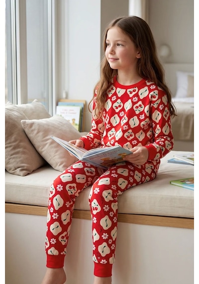 Zuzunga Kız Çocuk Kiraz Ve Papatya Desenli Kırmızı Uzun Kollu Alt Üst Pijama Takımı