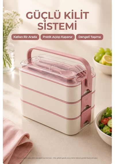 Pembe 3 Katlı Beslenme Kutusu Çatal Kaşık Dahil Kilitli Kapaklı Taşıma Saplı Yemek Saklama Kabı Seti