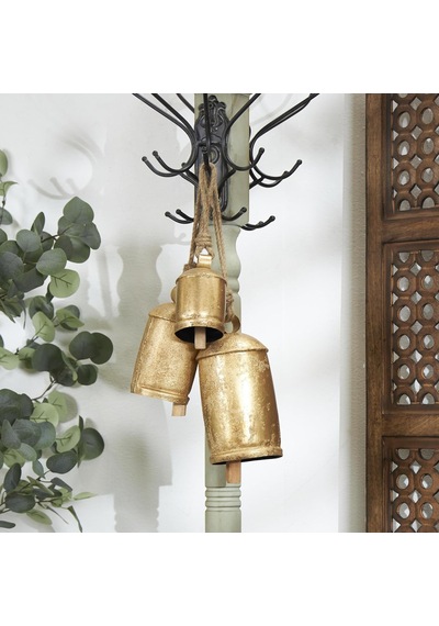 Dekoratif Metal İnek Çanı, Tibet Esintili, Meditasyon, Asmak İçin Jüt Halatlı, 3 Adet, 25,4 Cm, 20,3 Cm, 15,2 Cm Yüksekliğinde, Altın Rengi