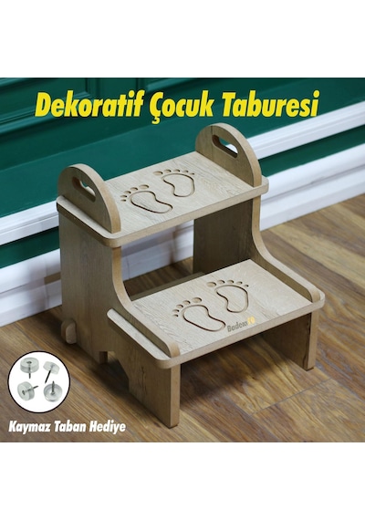 Mdf Ahşap Dekoratif Basamak Tabure Çocuk Bebek Banyo Wc Lavabo Merdiven Yükseltici Eğitici Kaymaz Taban Montessori